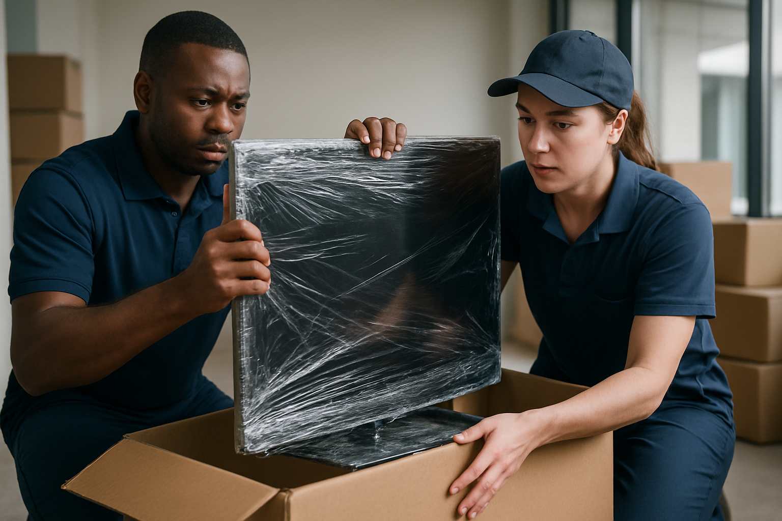 Como embalar eletrônicos para transporte: pessoas embalando televisão.