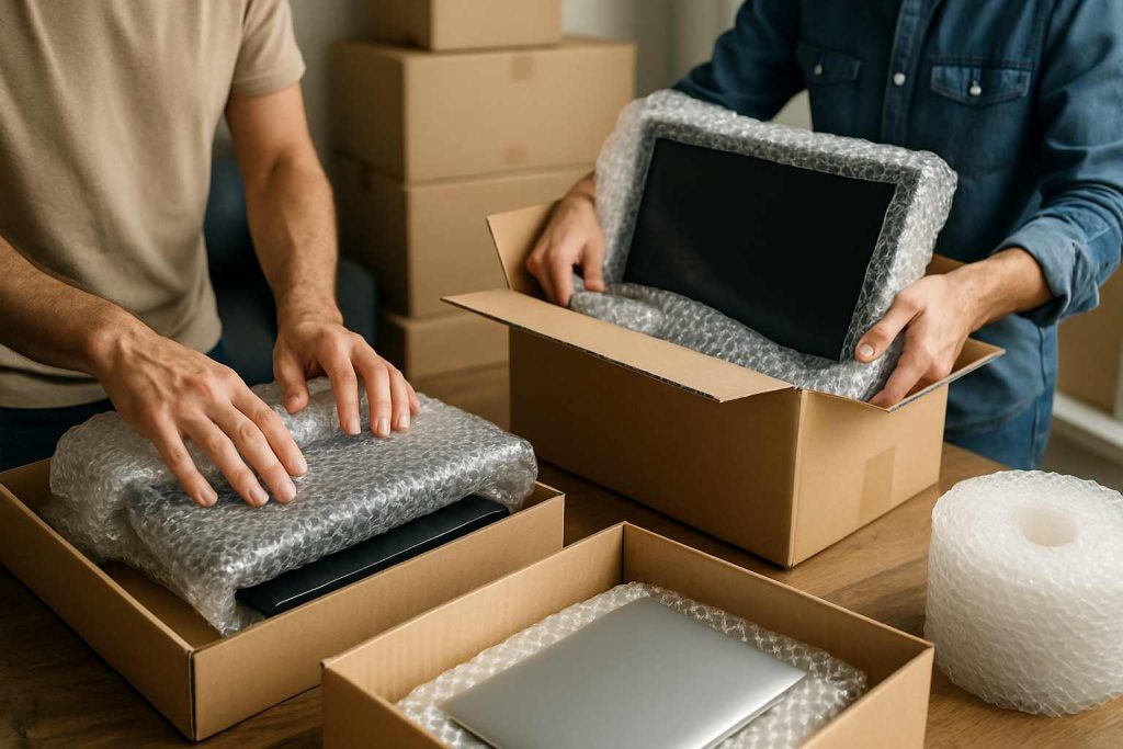 Como embalar eletrônicos para transporte: pessoas embalando eletrônicos.