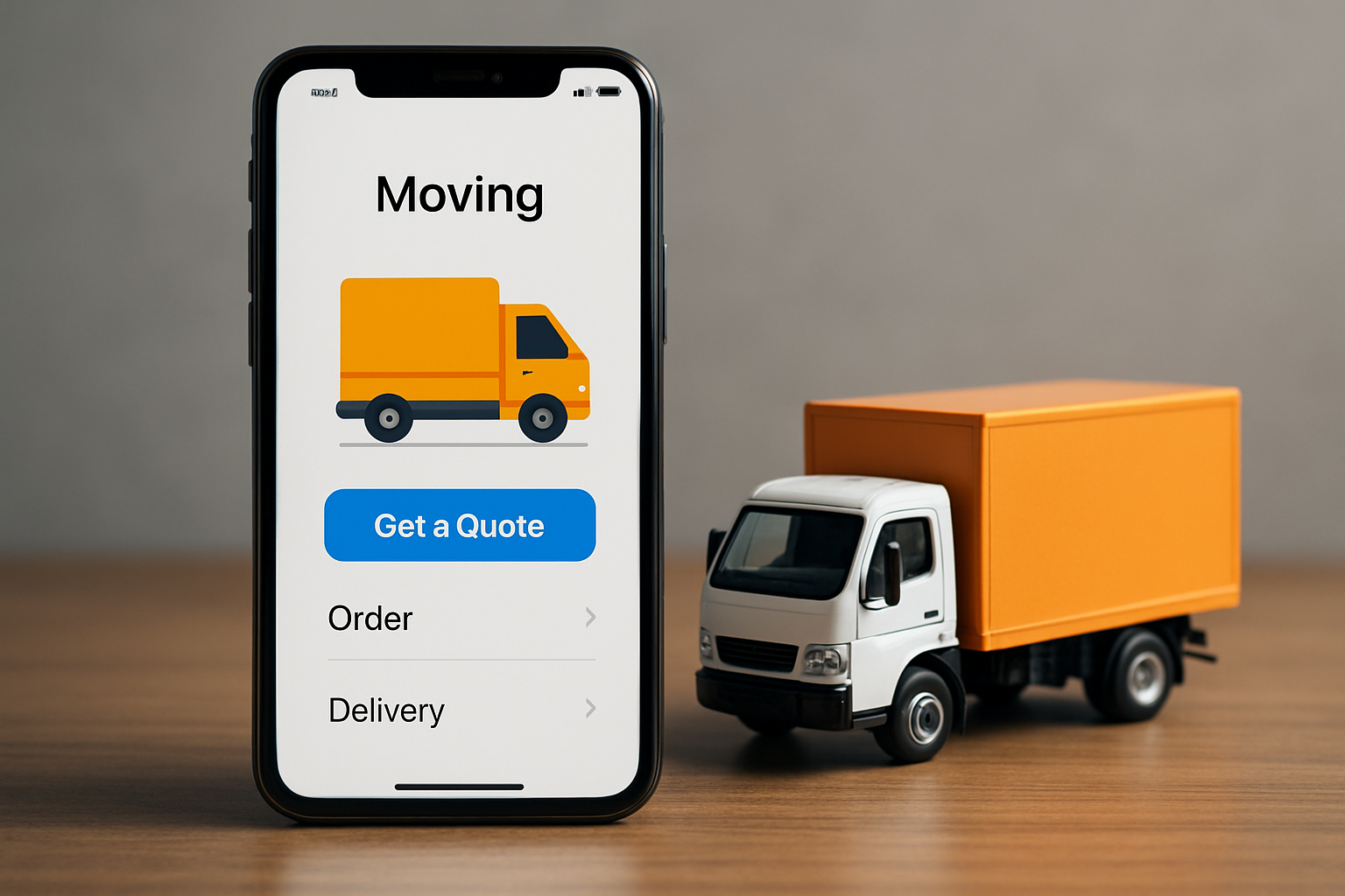 aplicativo de mudança: celular aberto em aplicativos e miniatura de caminhão ao lado
