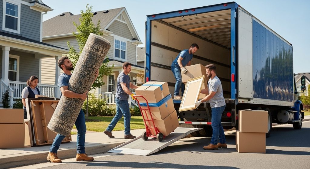 Funcionários de empresa de mudança colocando mudança em caminhão