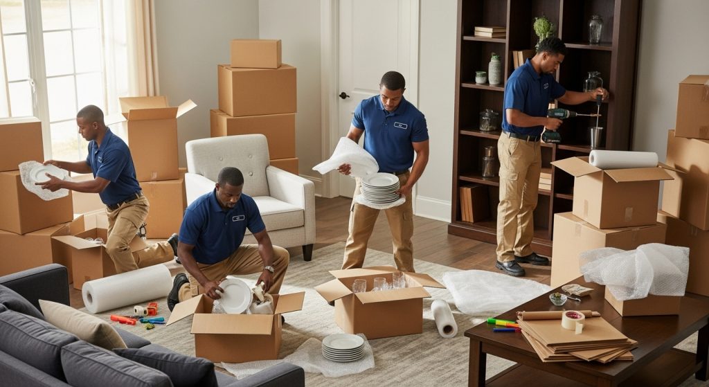 Homens de empresa de mudança arrumando mudança