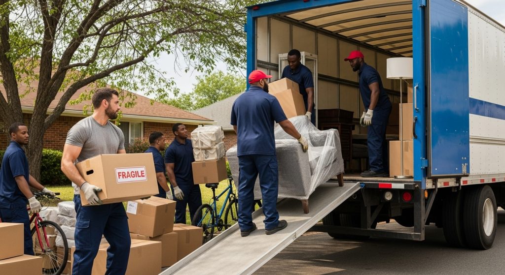 funcionários de empresa de mudança carregando caminhão com caixas