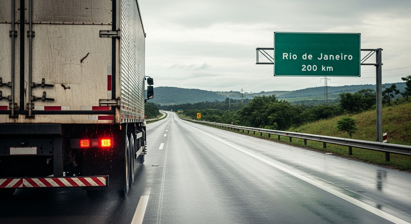 mudança para o Rio de Janeiro: caminhão de mudança passando por placa que indica a distancia que ainda esta do estado