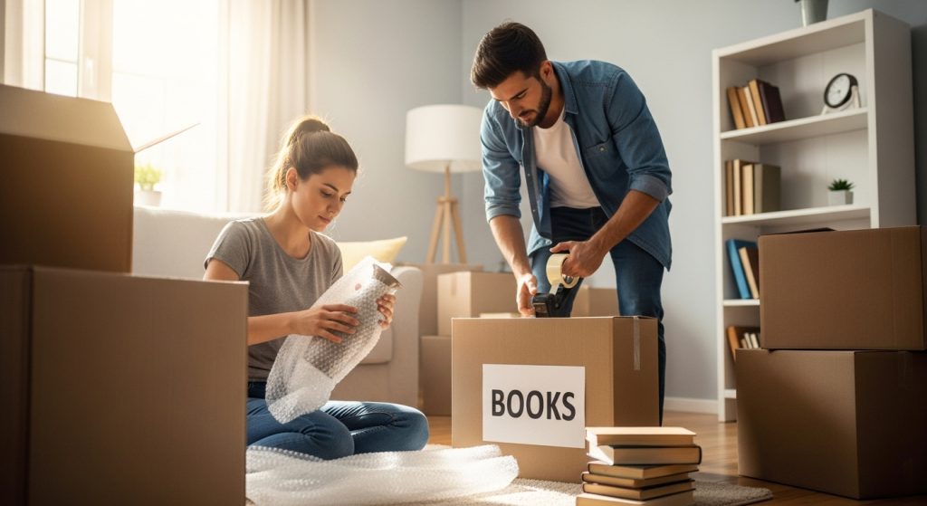 Casal embalando objetos para mudança